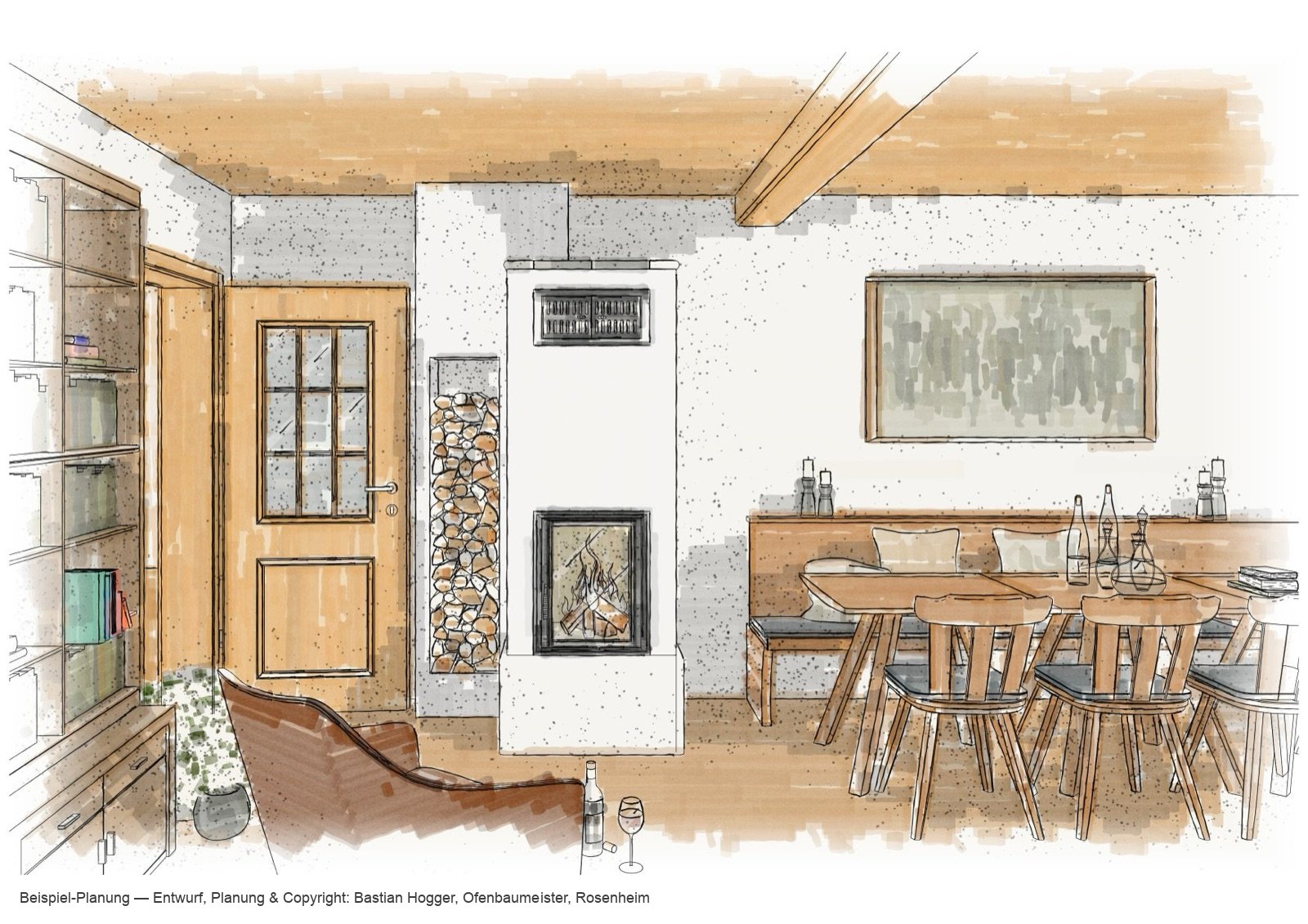 Hogger-Planung Seite 2 — Aquarell-Skizze Wohnraum